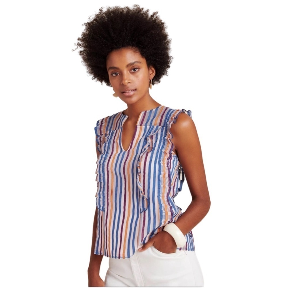 Maeve by Anthropologie Striped Elisabetta Sleeveless Top with Ruffles. Size 8.